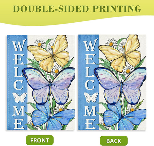 Welcome Spring Summer Butterfly Decorative Garden Flag, Daisy Flowers Floral Blue, Double Sided 12 x 18.