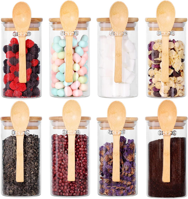 Glass Jar with Bamboo Lid and Spoon, 8Pack 10 OZ Tea Containers