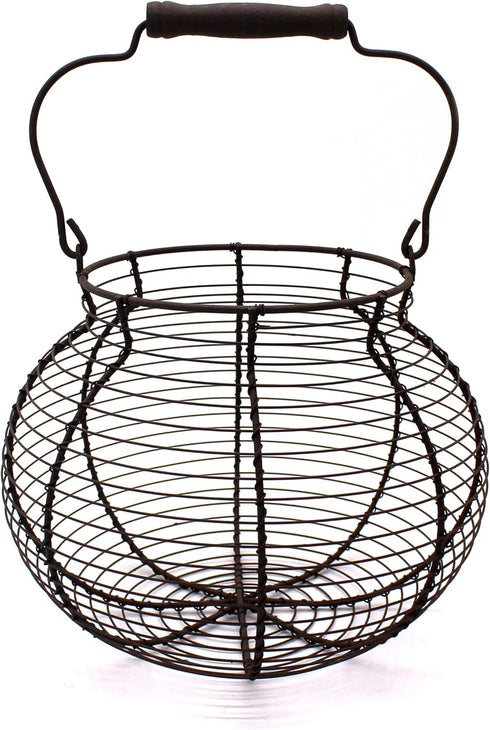 CVHOMEDECO Antique Wire Egg Basket, Vintage Gathering Basket with Wood Handle, Rusty