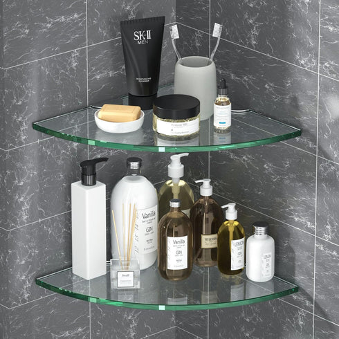 decorstat Corner Glass Shower Caddy 2 Pack 8MM-Thick Tempered Glass Shelf No Drilling