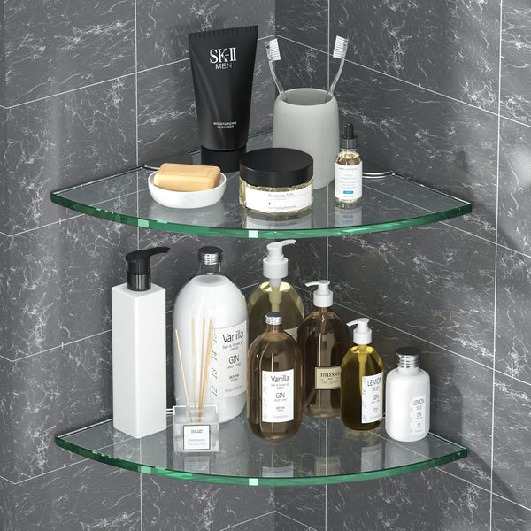 decorstat Corner Glass Shower Caddy 2 Pack 8MM-Thick Tempered Glass Shelf No Drilling