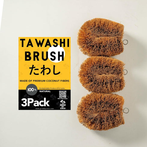 Pack 3 Brush,100% of Tawashi Vegetable Scrub Natural Coconut Coir Fiber VegetableBrush, Ideal for Fruit Scrub, Kitchen