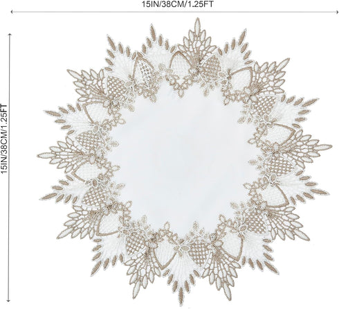 15 inches 15 White Linen Doily Round Neutral Earth Tones Beige Lace Coffee Table Topper Dresser Scarf Place Mats