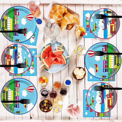 96 Set 24 gisgfim Pcs Transportation Plates and Napkins Party Supplies Car Tableware Bus Train Plane Ship Traffic Light