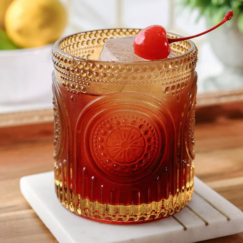 Set 6 10 oz Set, Vintage Amber Drinking Glasses of by Kate Aspen - Ribbed Glassware for Drinking Water, Juice, Cocktail