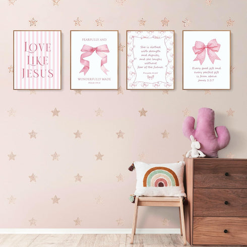 LARTSFRO 10x8 Inch Set 4 Coquette Pink Bow Jesus Wall Art Decor Posters, Light Pink Bow Christian Room Bedroom Bathroom