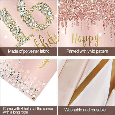 16th Birthday Door Banner Decorations for Girls, Pink Rose Gold Sweet 16 Birthday Cover Backdrop Party Supplies