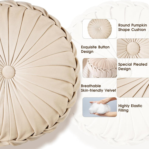 1 Pack (14.5 Inch, ROSE&RISY Round Pleated Velvet Throw Pillow, Decorative Accent Pumpkin Pillow Cushion for Couch Sofa