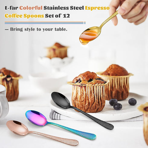 E-far 12-Piece Copper Coffee Spoons, 6-Inch Stainless Steel Espresso Spoons with Hammered Design & Mirror Finish