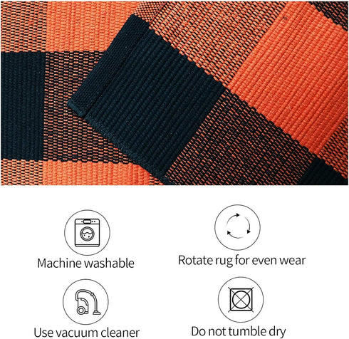 SEEKSEE Cotton Buffalo Plaid Rug 27.5"x43", Orange and Black Checked, Washable Doormat for Indoor/Outdoor