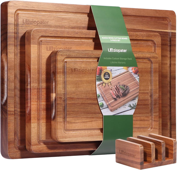 LAZIOPATER Acacia Wood Cutting Board Set of 3, Solid Wood Cutting Board with