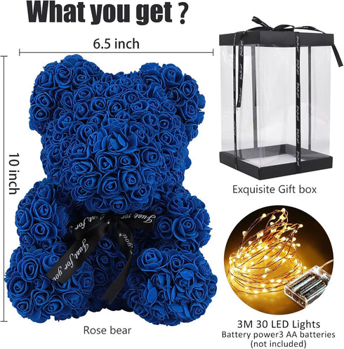 RECUTMS Rose Teddy Bear, 10 Inch Flower Bears with Lights, Artificial Foam Floral Gifts for Home Decor