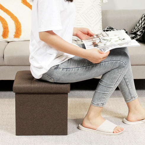 B FSOBEIIALEO Storage Ottoman Cube, Folding Toy Chest Footrest for Living Room Seat (12.6"X12.6"X12.6", Linen Brown)