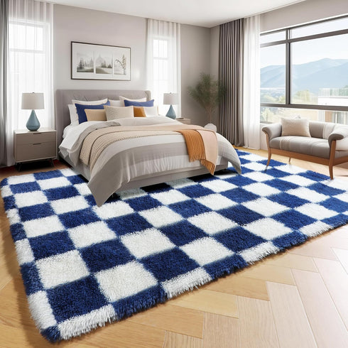 KICMOR 4x6 Navy Blue and Cream White Rugs for Living Room, Fluffy Fuzzy Shag Checkered Rug Shaggy Carpet for Bedroom