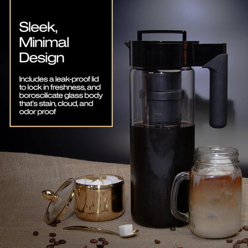 Takeya 2 Quart Glass Cold Brew Coffee Maker for Iced Coffee, Airtight Pitcher, Premium Quality, Black Lid and Handle