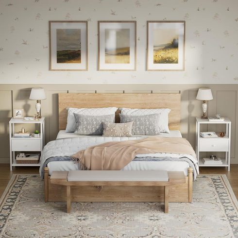 BOLUO White Nightstand with Charging Station, LED Night Stand with Fabric Drawers and Shelf, Bedside Table with USB
