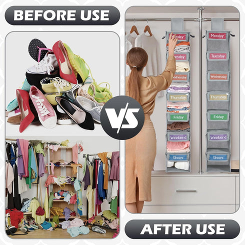 Yeyeplum 2 Pack 7 Closet Shelf Weekly Clothes Organizer Hanging for Kids with Side Pockets Weekday Shoes Rack Weekly