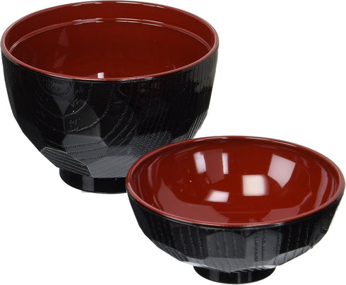 JapanBargain 1904x2, Set of 2 Miso Soup Bowl with Lid Japanese Rice Bowl Traditional Plastic Lacquered Black and Red Bowl Made in Japan by JapanBargain