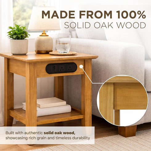 2 2 KAWIND Home Light Walnut Solid Wood End Table with Charging Station Compact Side Table with USB Ports & AC Outlets
