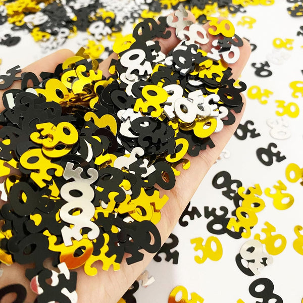 30 Confetti Birthday Party Supplies, 30th Anniversary Glitter Metallic Foil Table Scatter (Golden Black Silver)