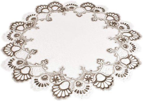 Cocoa, Earth Tones Jacquard Peacock Tail Lace Doily - 23 Inch Round Placemat and Table Centerpiece