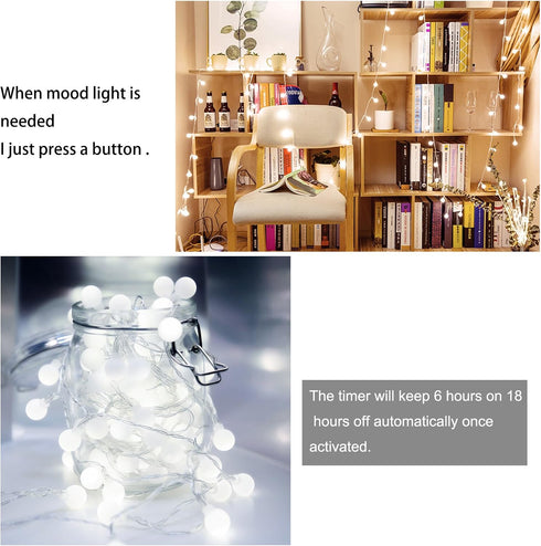 WERTIOO 33ft Battery Operated String Lights with 100 LEDs Globe, Remote Control, 8 Modes, Timer, Indoor/Outdoor (White)