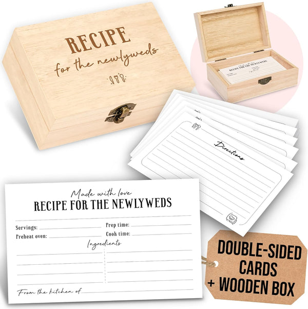 50 Pcs Recipe Cards for Bridal Shower - 4x6 Double-Sided Blank Notecards with Wooden Recipe Box