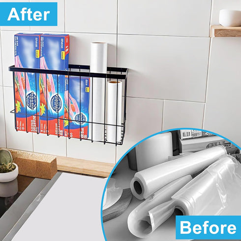 FHJP 2 Pack, 2 Cabinet Door Organizer Basket Foil and Plastic Wrap Organizer with Sponges, Lid Organizers Inside