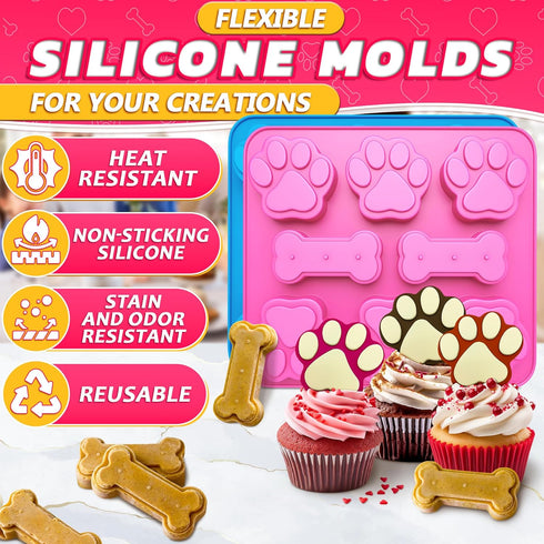 2 Pcs Dog Treat Molds - Bone & Paw Shaped Silicone, Non-Sticking, Blue & Pink for Homemade Treats