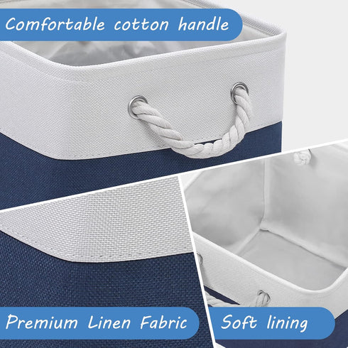 Cube Storage Baskets, 6 Pack 11x11 inch with Cotton Handles for Closet, Shelves, Clothes, Toys (White/Navy Blue)