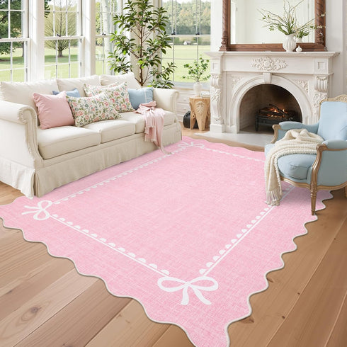 GarveeHome Scalloped Bow Rug for Living Room, Solid Pink Rug for Dorm,