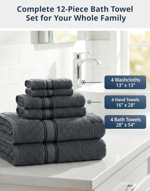 Set 12 100% 4 4 4 LANE LINEN Towel and Washcloths of Cotton, Zero Twist, Large Bath Towel, Hand Towels & Wash Cloths