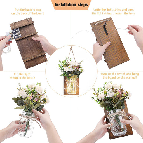 Set Lightess Wall Decor Mason Jar Sconces with Remote Control, Rustic Home Decor LED Fairy Lights with White Rose