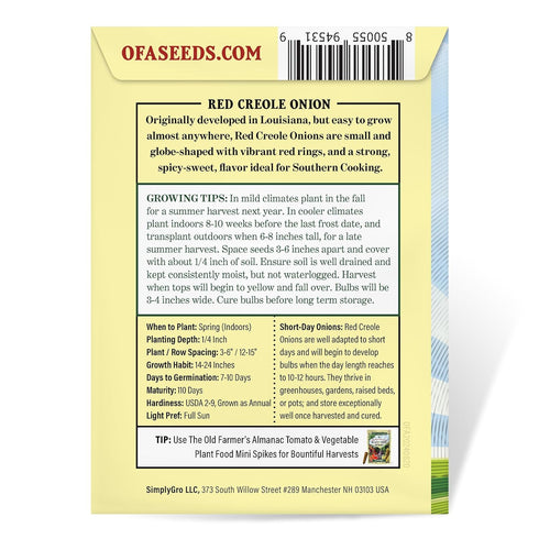 The Old Farmer's Almanac (1 Packet 1 250 Red Creole Onion Seeds - Heirloom, Non-GMO, Premium Quality, Open Pollinated