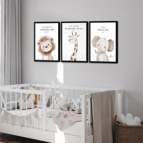 Set 3, 12x16 Inch Framed Nursery Wall Art of Kids Bible Verse Animal Canvas Wall Decor Paintings, Cute Safari Christian