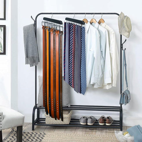 Belt Hanger for Closet, Max 42 Belts, Sturdy Wood Rack with 14 Hooks, Black, 1 Pack
