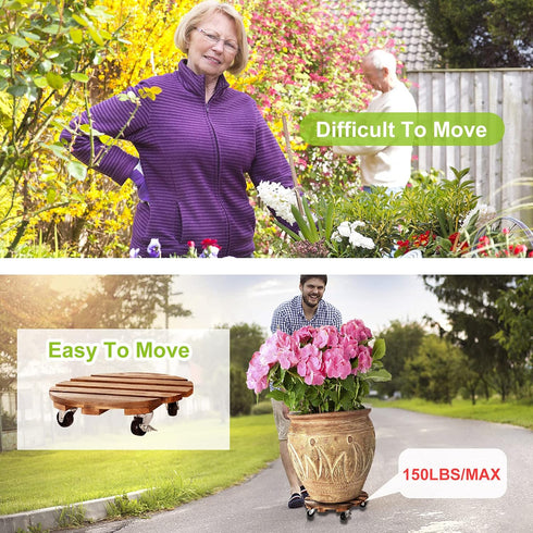 2-Pack 12" 2 360 HOHY Plant Caddy Plant Stand with Wheels Heavy Duty Wood Rolling Plant Stand with Lockable