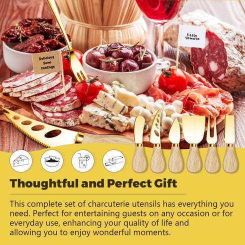 Gold Charcuterie Utensils Set, Cheese Butter Spreader Knife with Wooden Handles, Small Serving Tongs and Forks