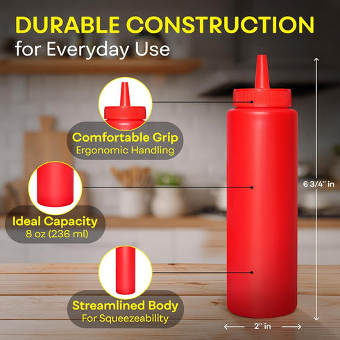 8 OZ 2 PACK BRIGHTFROM Condiment Squeeze Bottles, RED Empty Squirt Bottle with Wide Neck - Great for Ketchup, Mustard