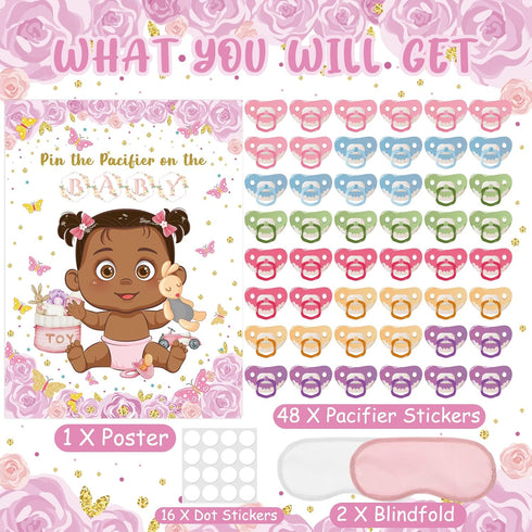 VOSINPADA 48 Pin The Pacifier On The Baby Shower Games, Butterfly Theme Decoration Large Poster with Blindfold Pacifier