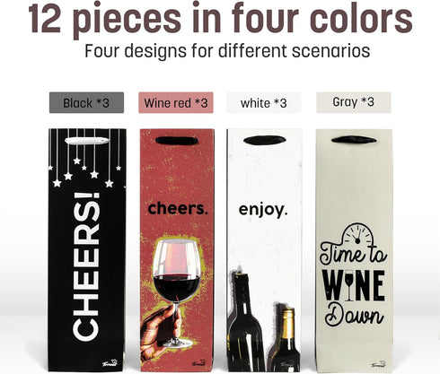 Tirrinia Wine Gift Bags - 12pcs in 4 Designs, Bulk Set for Weddings, Parties, Holidays, Christmas