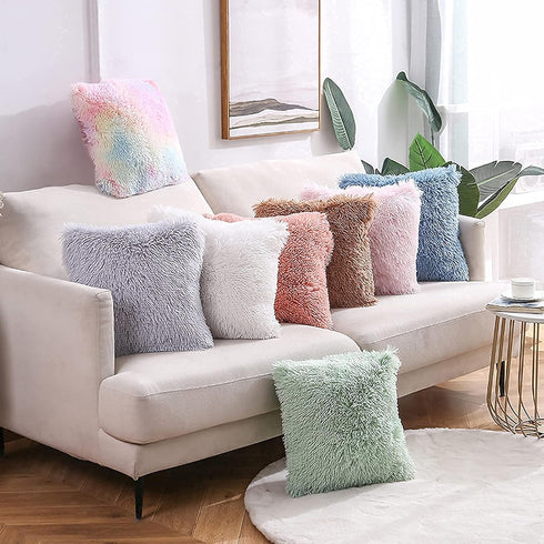 Dongchen Soft Faux Fur Throw Pillow Covers, Pack of 2 Peach Blush Plush Decorative Tie Dye Pink Cushion Cases
