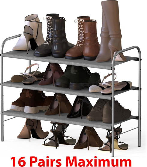3-Tier 916 Closet, Simple Houseware Shoe Rack Storage Organizer, Grey Space-Saving Shoe Shelf, Holds Pairs, Sturdy