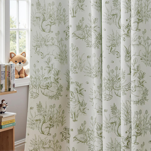 JINCHAN 95% Blackout Nursery Curtains 63 Inches Long, Bunny Woodland Toile Easter