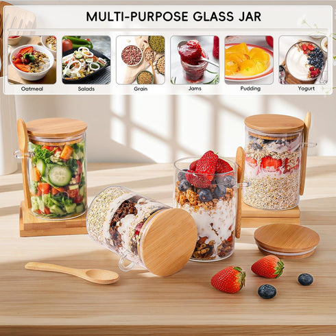 MHDCLY Lids,16oz 4 Pack, Overnight Oats Containers with Overnight Oats Jars Oatmeal Cups,Meal Prep Containers,Glass