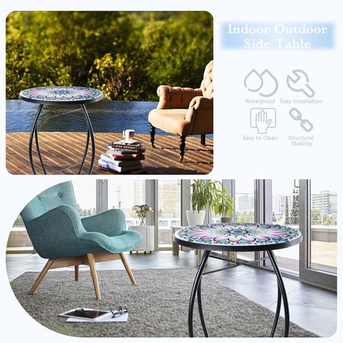 14 MUMTOP Side Patio Tables-Mosaic Outdoor Side Table - Flower Glass Accent Round EndTable, Plant Stand Indoor Small