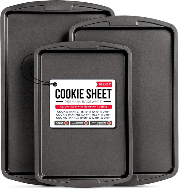 Bakken Swiss Cookie Sheet 3 Piece Set, Non-Stick Stackable Baking Pans with Gray Deluxe Ceramic Coating, Dishwasher Safe