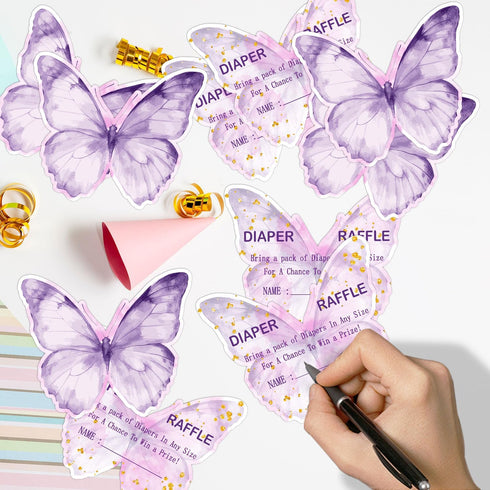 QZCYU 50 Pcs Butterfly Baby Shower Games, Butterfly Diaper Raffle Tickets with Diaper Raffle Card Box, Gender Reveal