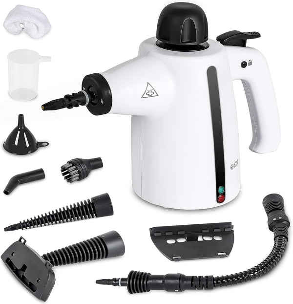 Handheld Steam Cleaner, 9-Piece Accessory Set, White, for Cleaning Couch, Carpet, and Upholstery