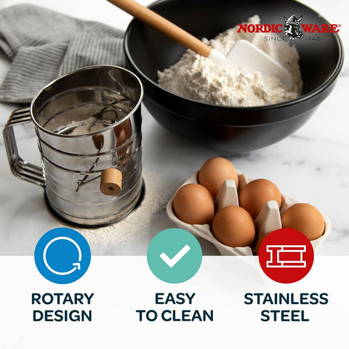 Nordic Ware 3-Cup Stainless Steel Flour Sifter, Rotary Design Baking Accessory for Sifting Dry Ingredients & Powdered